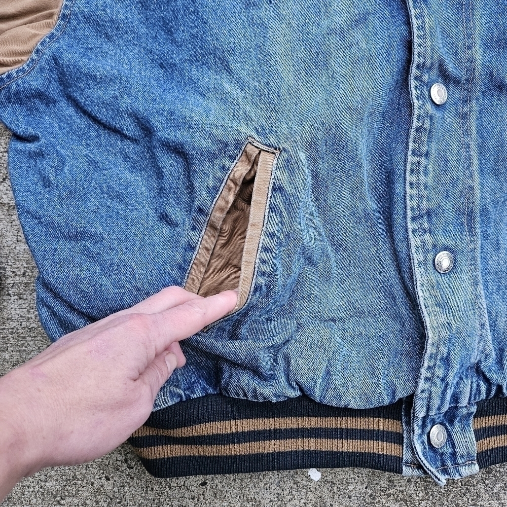 VTG 90s Dunbrooke Pace Denim Varsity Bomber Trucker Jacket Blue Tan Mens Size XL - Picture 10 of 16
